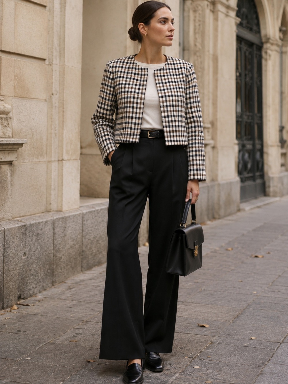 House of Harlow 1960 Plaid Crop Jacket Cream Black Medium Open Front Blazer Luxe